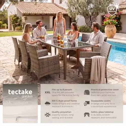 tectake Garden Dining Set with Aluminium Frame, Glass Top Table and 8 Chairs including Removable Cushions and Weather Cover, Natural – 2