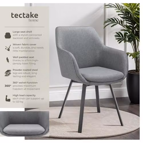 tectake Set of 6 Alicon 360 Degree Swivel Dining Chairs in Anthracite Grey Velvet Fabric with Metal Legs – 4