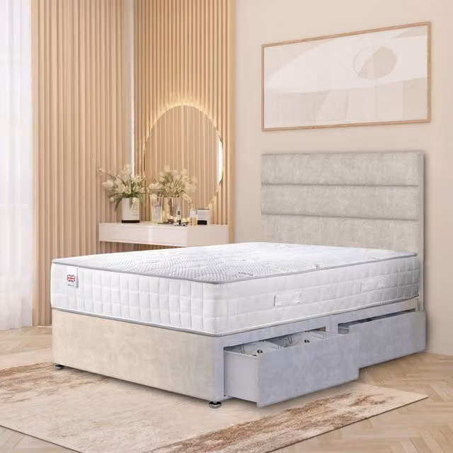 Horizona Plush Divan Bed Set with Quilted Pocket Spring Mattress, Upholstered Headboard and Drawers, Silver/Grey, W/D/H: 140 x 200 x 137.16 cm