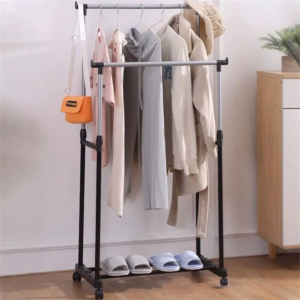 PAWNORA Double Pole Mobile Clothes Rack, Adjustable Hanging Garment Stand in Black and Silver – 3