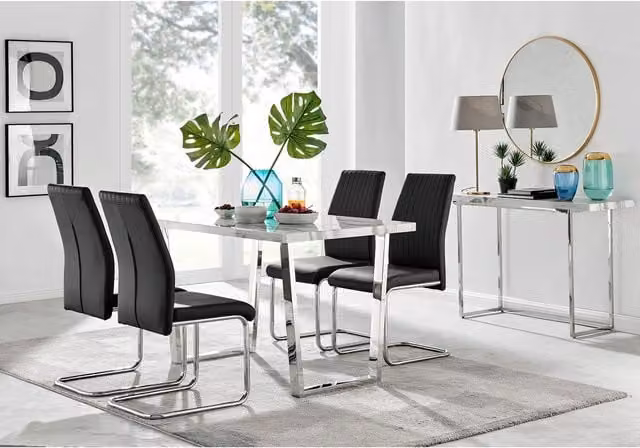 FurnitureboxUK Kylo White Marble Effect Rectangular Dining Table and 4 Lorenzo Chairs in Black