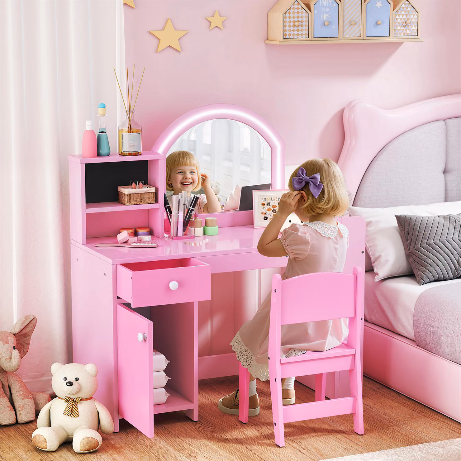 AIYAPLAY Kids Vanity Table and Chair Set with 2-Colour LED Mirror, Cabinet, Drawer and Shelves, Pink – 2