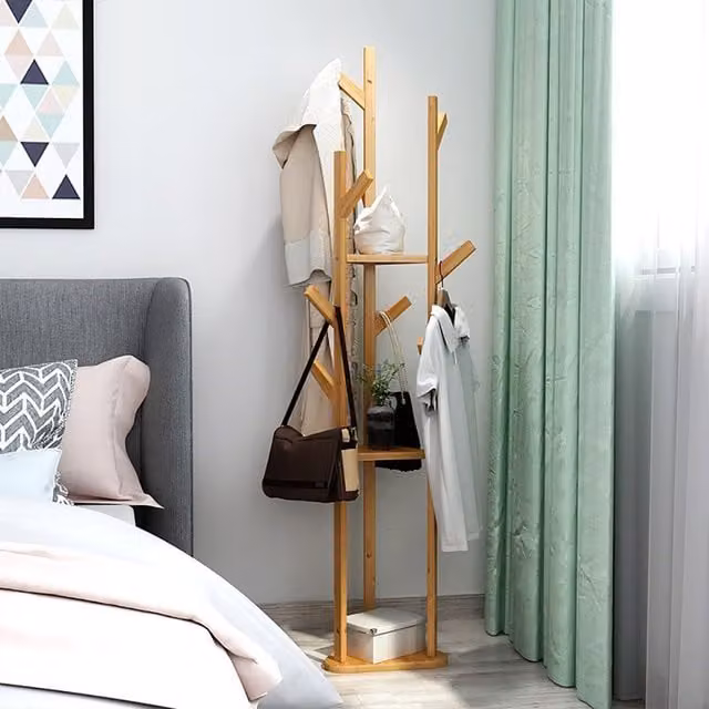 Livingandhome Brown Wooden Coat Rack with Hooks, Height: 165 cm