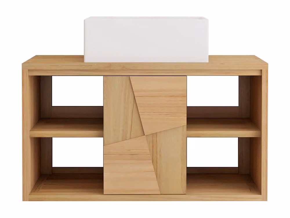 Vente-unique Wall Mounted Teak Bathroom Vanity Unit with Square Ceramic Countertop and Sliding Doors in Light Oak – 2