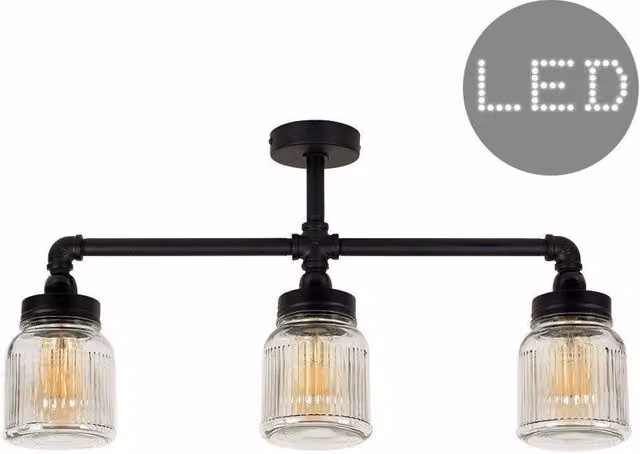 ValueLights Luiggi Black Industrial Bar Ceiling Light with Transparent Glass Ribbed Shades and Included Bulbs