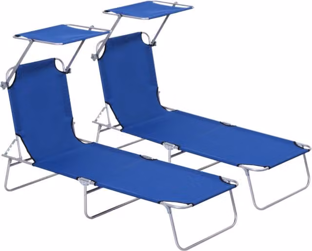 Outsunny 2 Piece Foldable Sun Lounger Set with Removable Shade Canopy and Adjustable Headrest in Blue Mesh Fabric