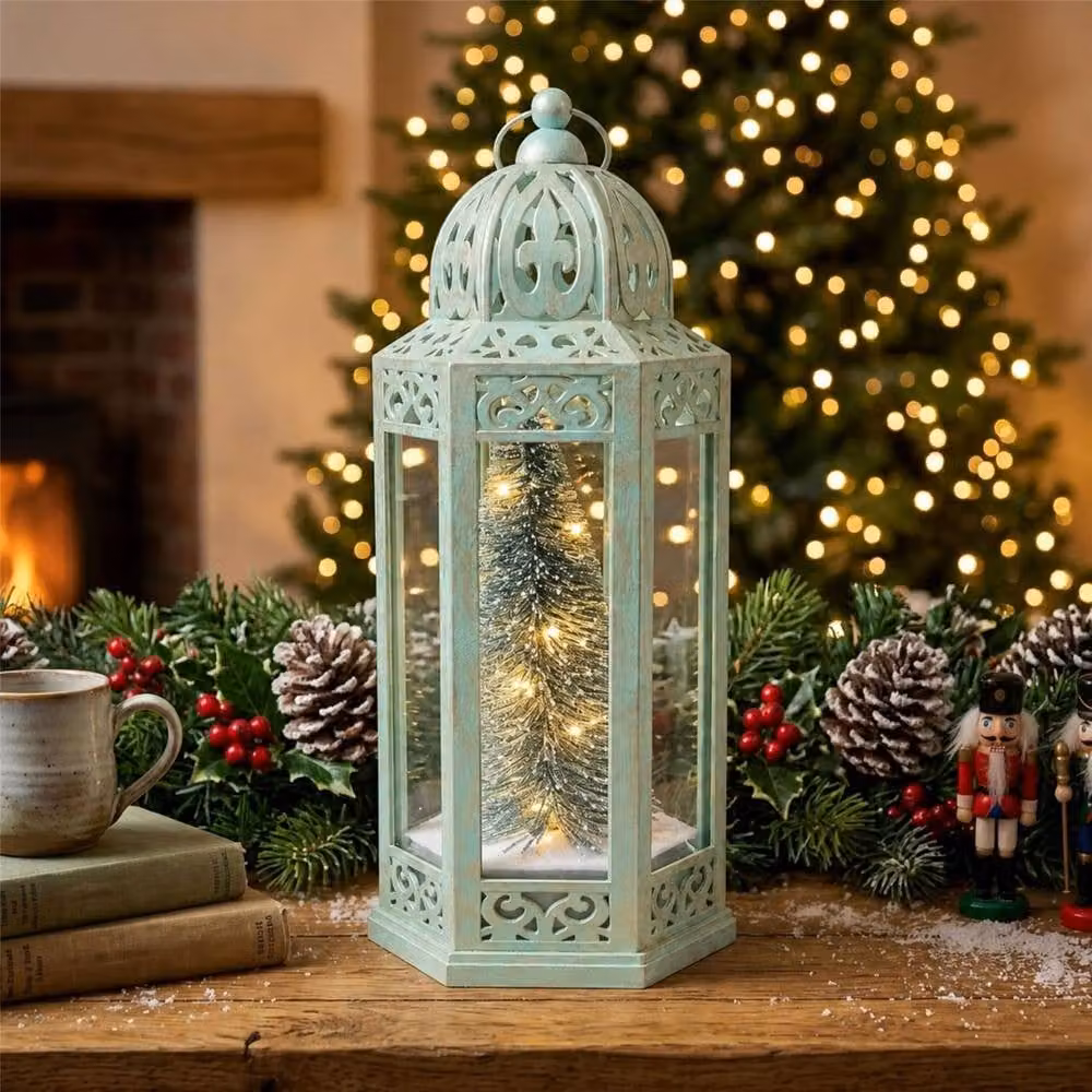 Shatchi Green Vintage Hexagonal LED Christmas Tabletop Lantern, Height: 30 cm – 3