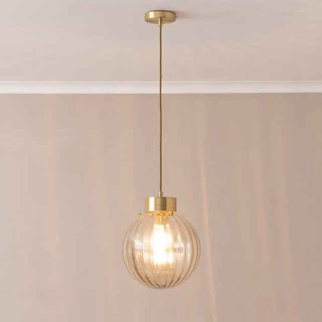ValueLights Chessy Amber Ribbed Glass Globe Ceiling Pendant Light with Brushed Gold Cap
