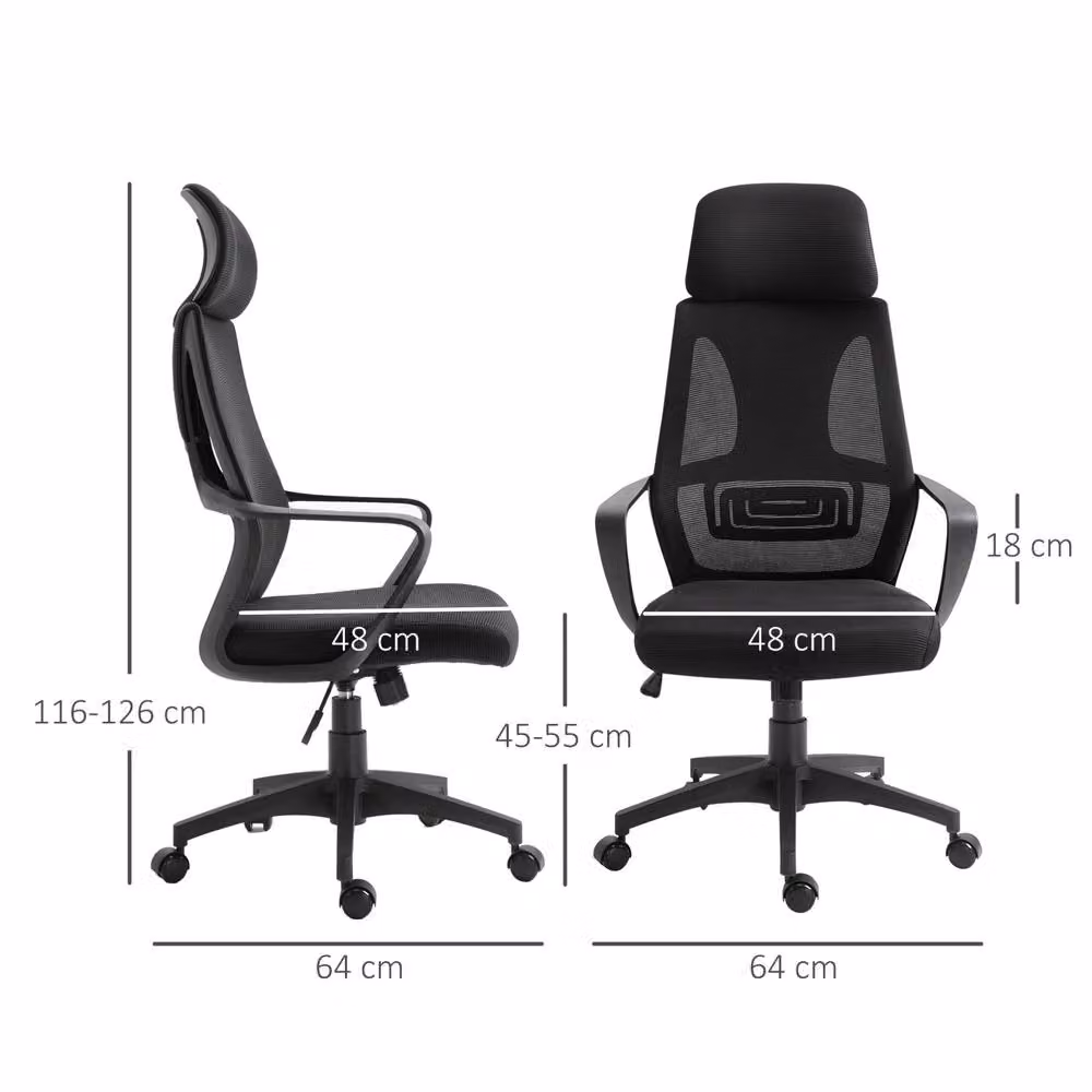 STILVORA Black Fabric Mesh Office Task Chair with Headrest, Armrests and Swivel Function, H 126 x W 120 x D 64 cm – 2