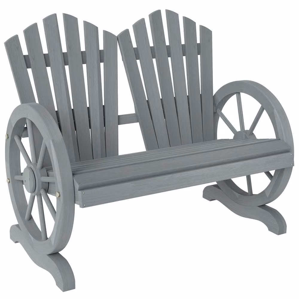 OUTSUNNY 2 Seater Grey Wooden Garden Bench with Wheel-Shaped Armrests – 2