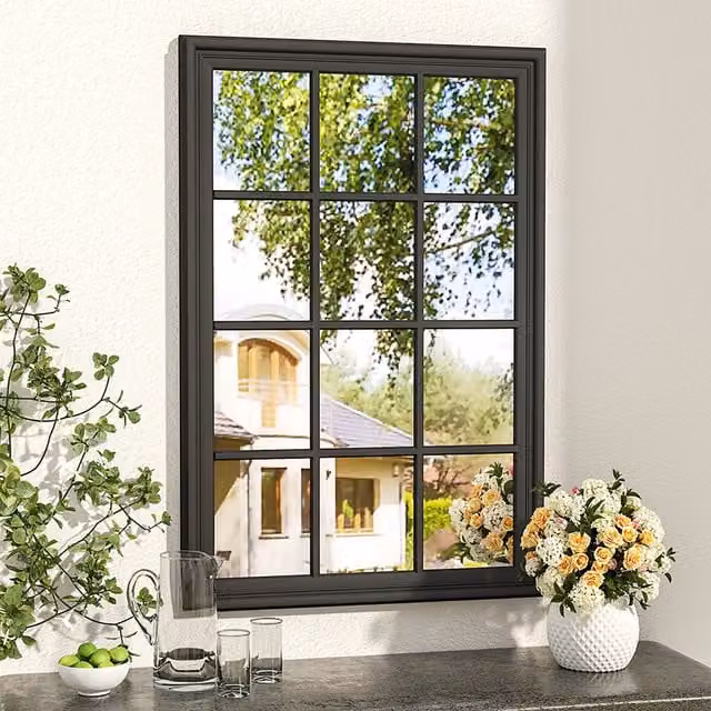 Livingandhome Vintage Rectangular Window Pane Wall Mirror with Wooden Frame in Black and Beige, W/H: 80 x 80 cm