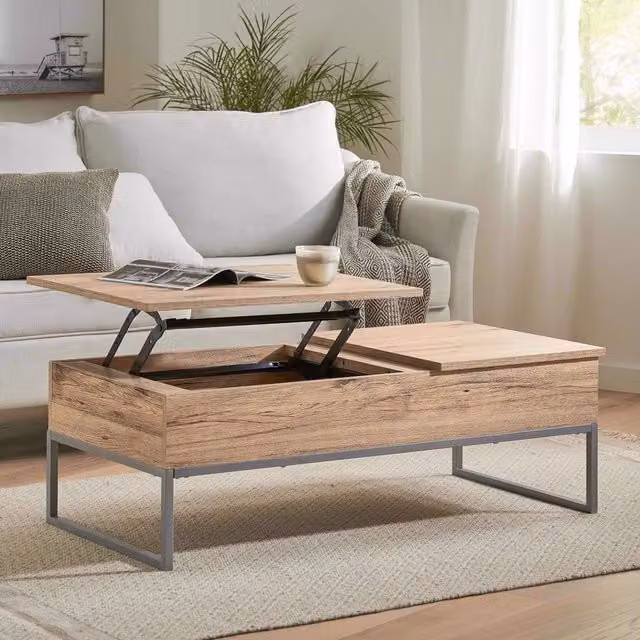 FWStyle Lift Up Storage Coffee Table in Light Oak and Brown with Metal Frame