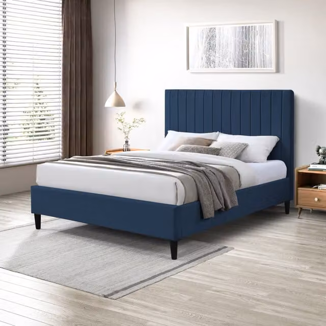 FurnitureboxUK Aster Velvet Bed Frame in Midnight Blue, W: 180 cm, D: 200 cm