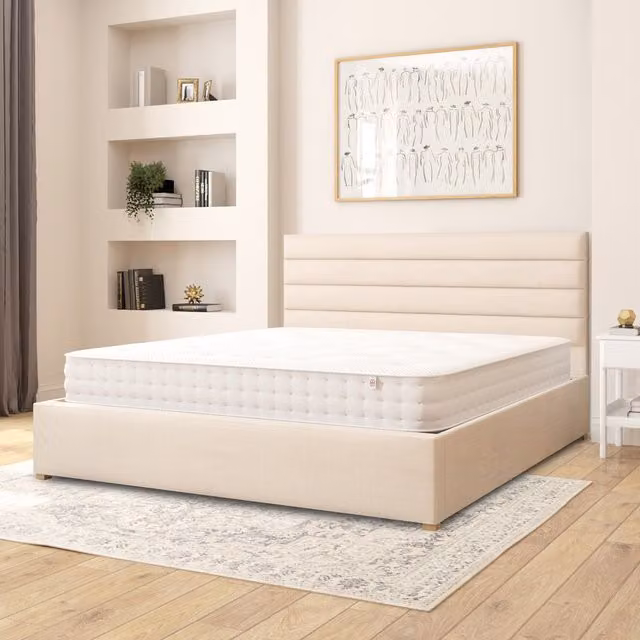 Aspire Modern Upholstered Ottoman Storage Bed in Beige and Yellow Fabric with Lift Up Base, W: 200 cm x D: 200 cm