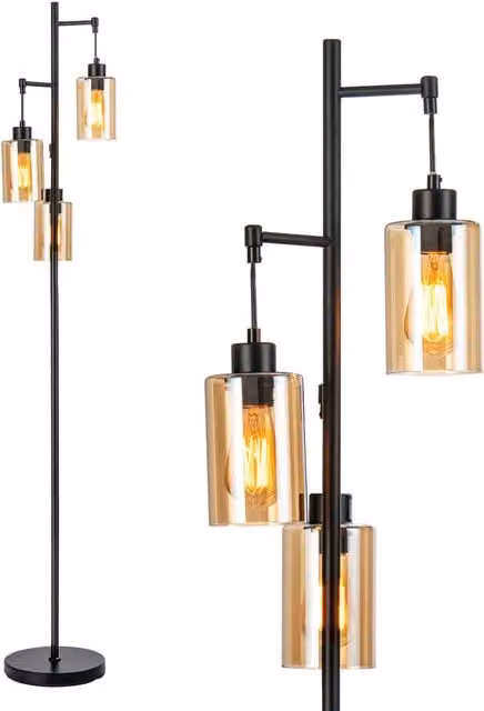 Costway Industrial 3-Light Metal Floor Lamp with Amber Transparent Glass Shades in Black