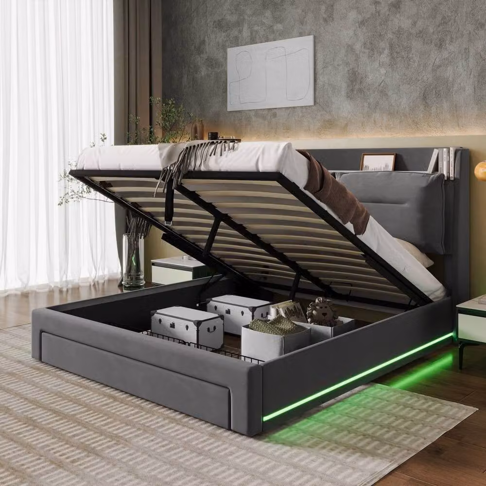 ModernLuxe Double Upholstered Ottoman Bed with LED Under-Bed Lighting and Lift-Up Base in Grey Velvet – 3