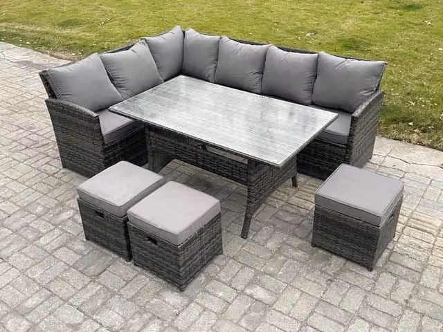 Fimous Outdoor Rattan Garden Furniture Corner Sofa Set with Rectangular Dining Table and 3 Small Footstools in Dark Grey