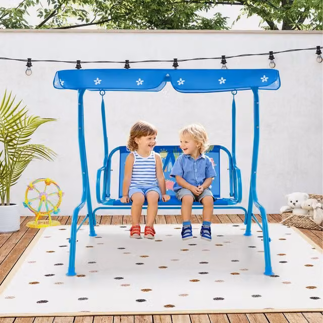 COSTWAY 2-Seater Childrens Porch Swing Chair with Sun Canopy in Blue