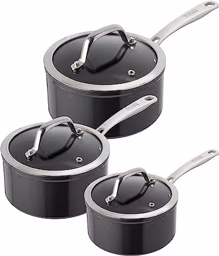 Kuhn Rikon Easy Pro 3-Piece Non-Stick Saucepan Set in Silver and Black with Stainless Steel and Glass Lids