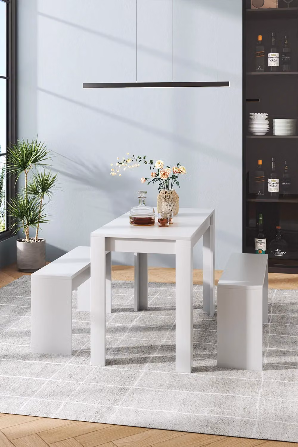 Living and Home Modern White 3-Piece Dining Set with Table and Benches – 2
