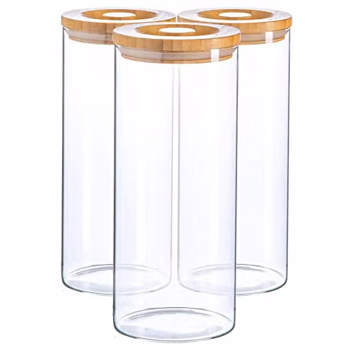 Argon Tableware Scandi Airtight Glass Storage Jars with Wooden Lids, 1.5 l, 3 Pack, Transparent – 1