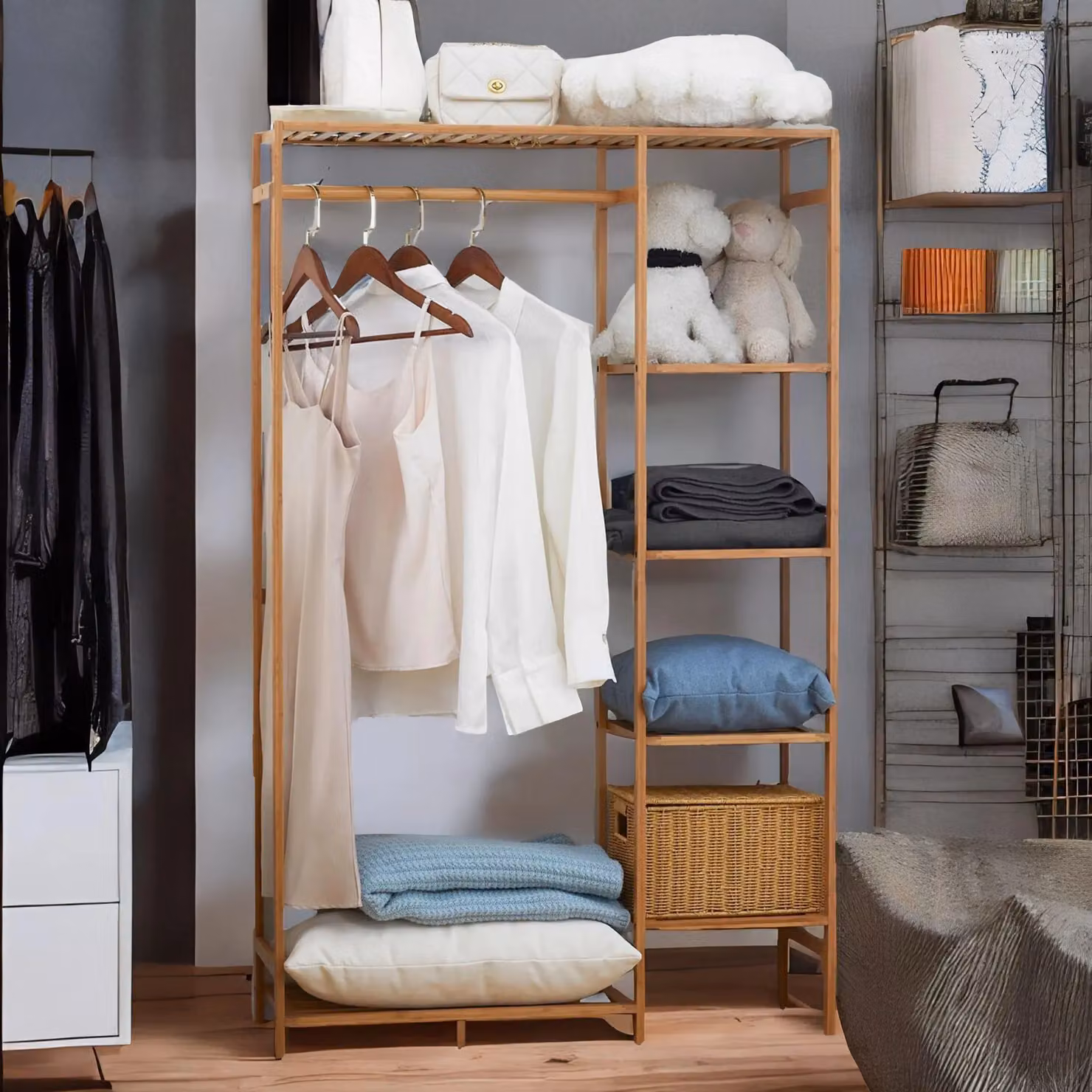 Rafaelo Mobilia 6 Tier Bamboo Open Wardrobe with Clothes Rail in Natural Brown, H: 145 cm x W: 90 cm x D: 30 cm – 2