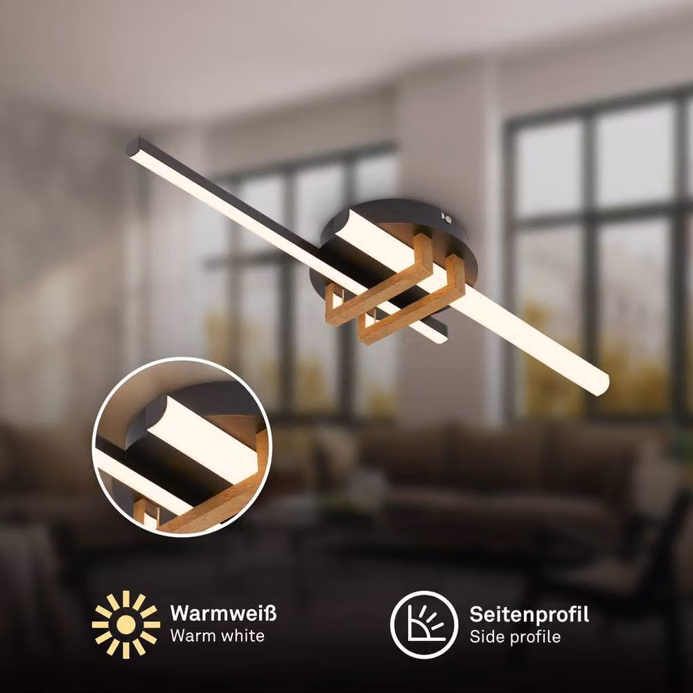 Briloner LED Ceiling Light, Modern Warm White Linear Flush Lamp in Black and Wood, 19W, 2000lm – 2