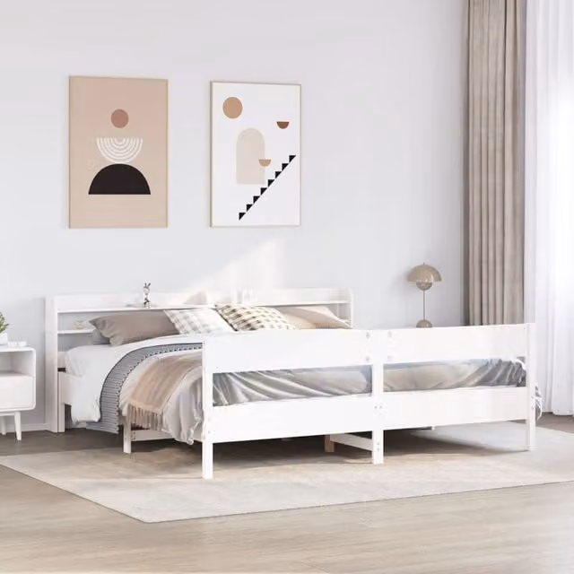 Berkfield Home White Solid Pine Bed Frame with Side Compartments, W/D/H: 180 x 200 cm