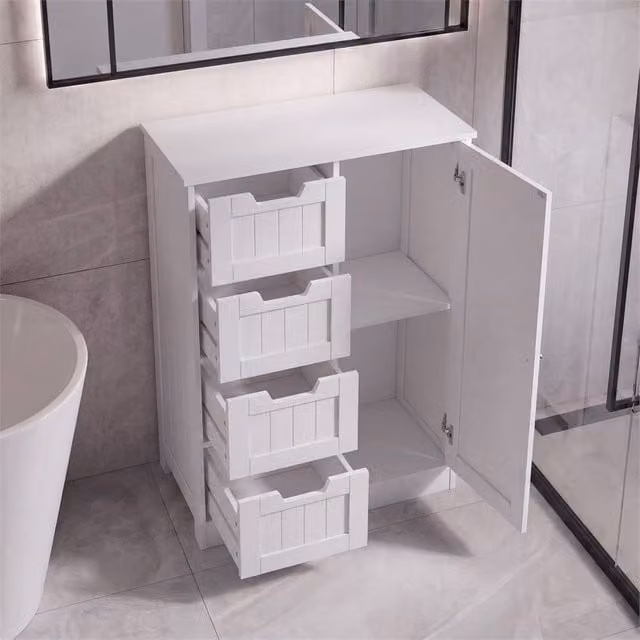 FORGEVIO White Minimalist Bathroom Storage Cabinet with 4 Drawers and 1 Hinged Door – 1