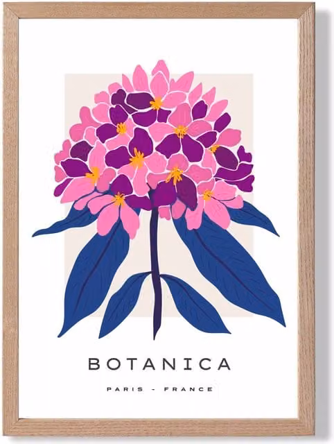 ARTZE Pink and Blue Hydrangea Flower Market Gallery Framed Print with Oak Frame, A3 – 1