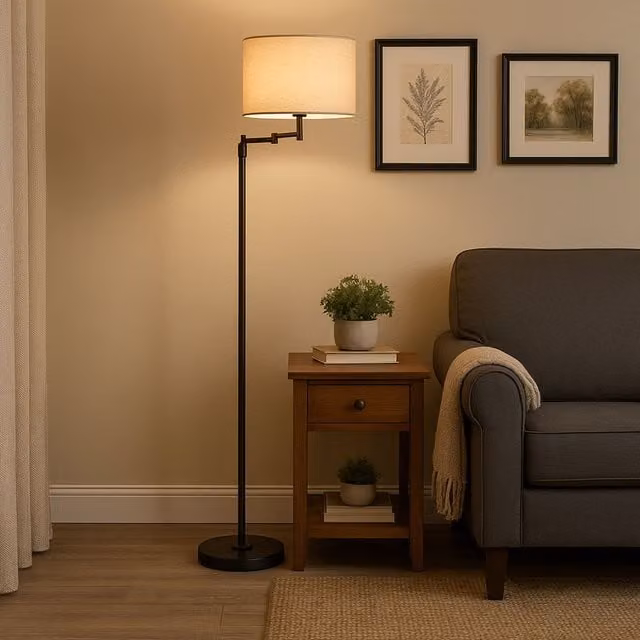Matt Black Adjustable Metal Floor Standing Reading Lamp with Beige Fabric Shade