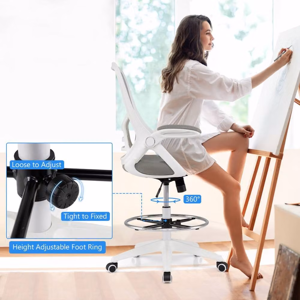 Costway Ergonomic Mesh Drafting Chair in White with Swivel and Foot Ring – 5