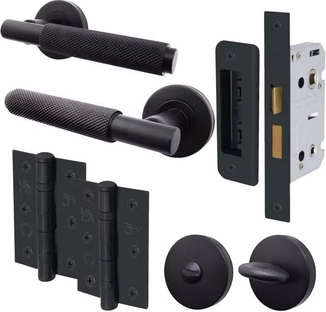 AFIT Black Knurled Bathroom Door Handle Set with Lock and Hinges in Aluminium and Steel, 150 x 150 mm – 1