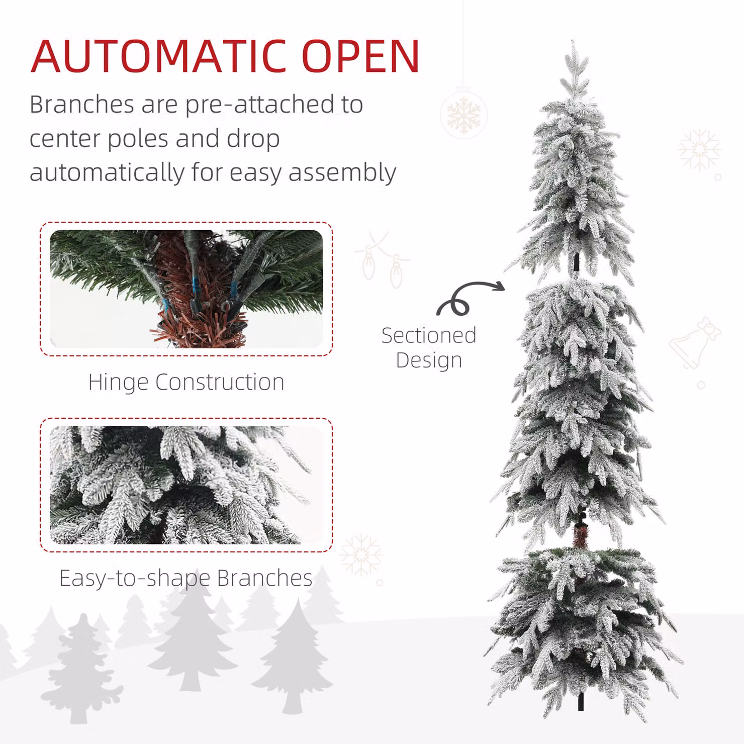 HOMCOM 7ft Snow Flocked Pencil Christmas Tree with Downswept Branches in Green and White – 4