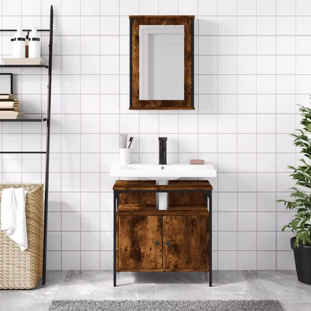 Berkfield Home 2 Piece Industrial Bathroom Furniture Set in Smoked Oak Brown, featuring a Mirror Cabinet and Vanity Unit – 3