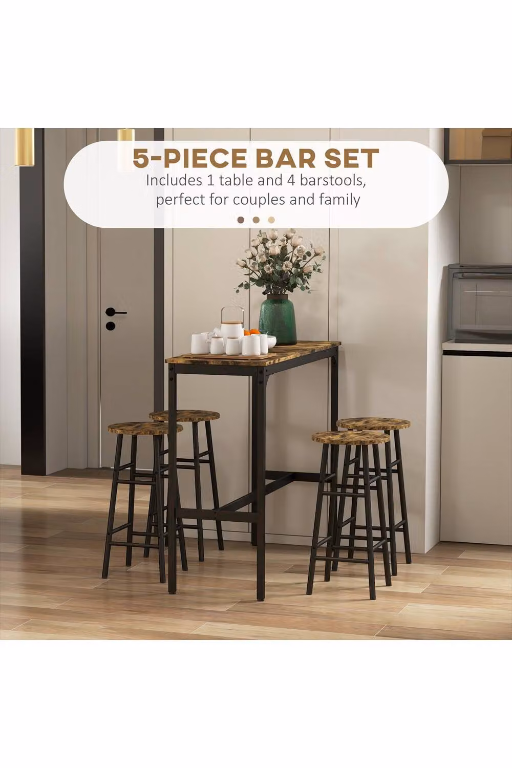 ERGOVEXA 5 Piece Industrial Bar Table Set with 4 Stools, Rustic Brown and Black – 3