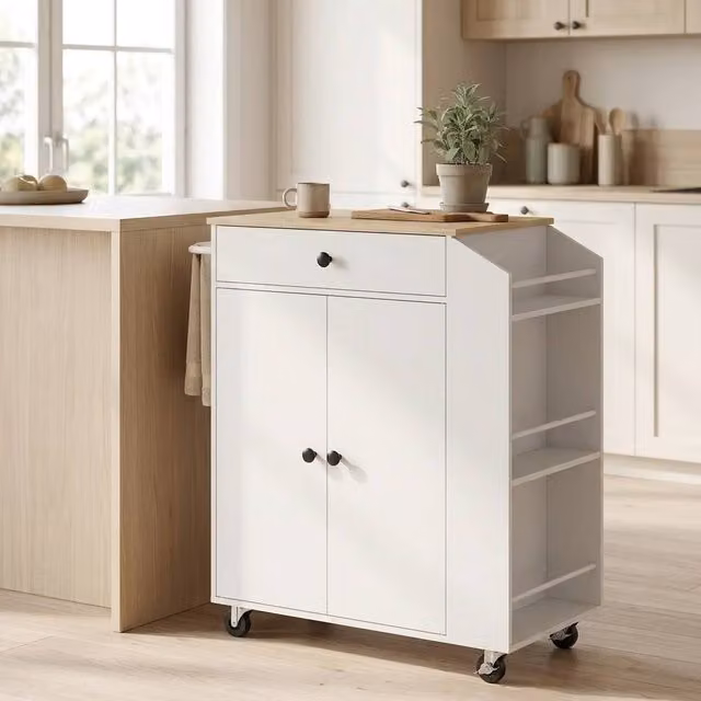 STILVORA Kitchen Trolley with Drawer and Three-Tier Spice Rack in White