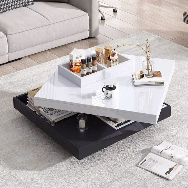 Matteo Modern High-Gloss Rotating Coffee Table with Storage in White and Black
