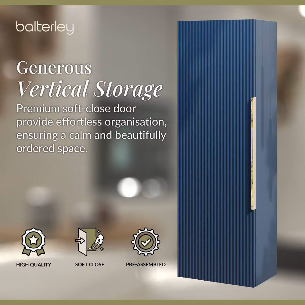 Balterley Blue Wall Hung Single Door Tall Storage Unit with Brushed Brass Details, W/D/H: 40 x 40 x 120 cm – 3