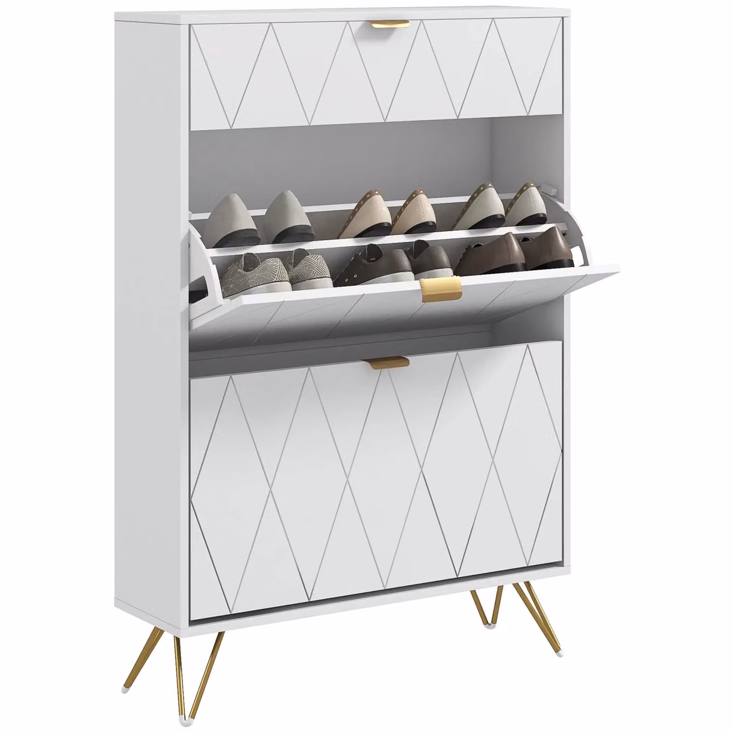 HOMCOM Modern White Slim Shoe Storage Cabinet with Tilting Compartments and Internal Shelves – 2
