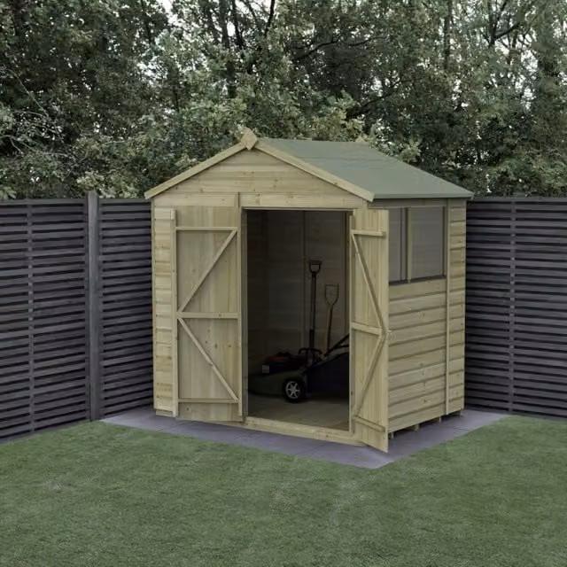 Forest Garden Shiplap Apex Shed with Double Doors and 2 Windows, Green/Brown, W: 213.36 cm, D: 152.4 cm, H: 182.88 cm
