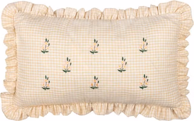 Les Petite Fleurs Cotton Gingham Ruffle Cushion in Beige and Yellow