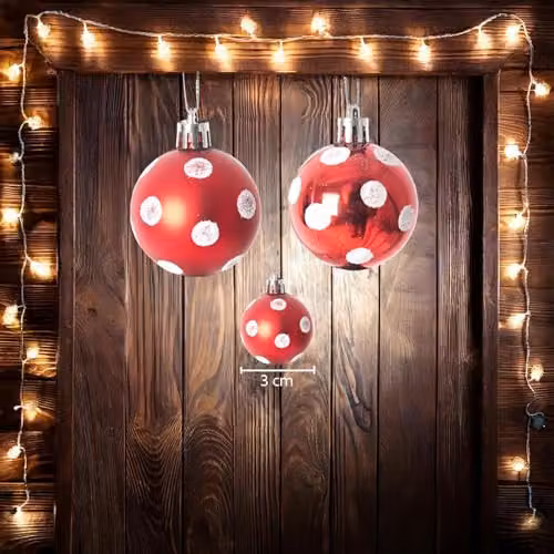 Shatchi Christmas Bauble Hanging Decorations, Red and White Polka Dot Plastic Ornaments, 24 Pack, Diameter: 3 cm – 3