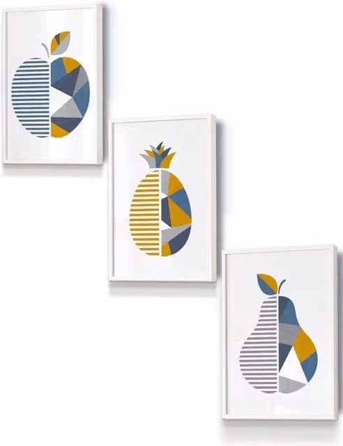 ARTZE Geometric Fruit Apple Abstract Wall Art in Blue, Yellow, Grey and White, W: 33 cm, H: 45 cm, D: 0.2 cm