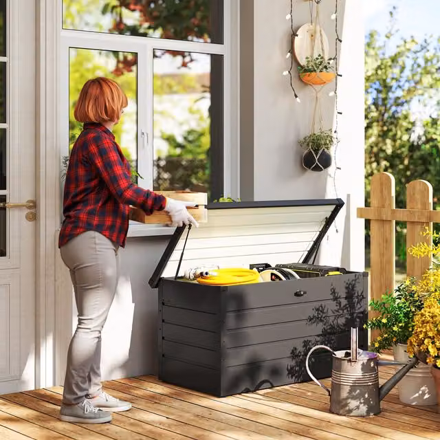 Outsunny 311L Grey Metal Garden Storage Box with Lockable Soft-Close Lid