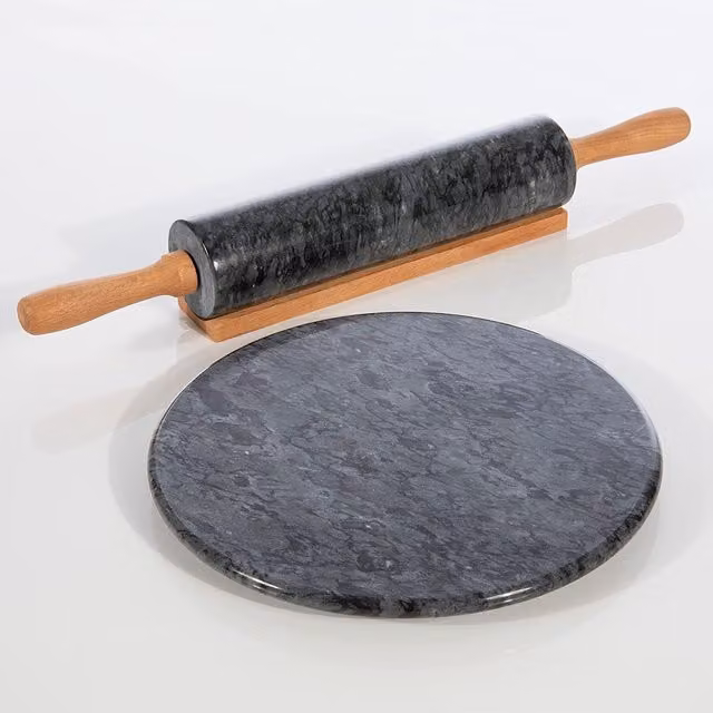 Homiu Black Marble and Bamboo Round Rolling Pin