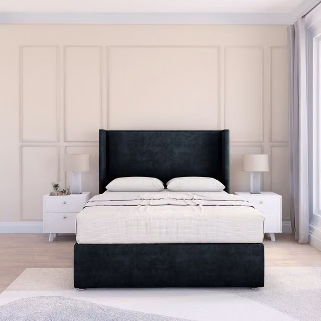 Sloomy Devonshire Naples Wingback Bed Set in Black Velvet, Small Double, W/D/H: 120 x 200 x 135 cm