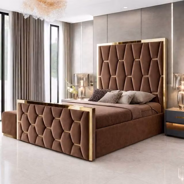 Paradise Beds Ltd Modern Upholstered Platform Bed Frame with Geometric Mirror Headboard in Brown Velvet, Size: Super King (200 x 200 cm)