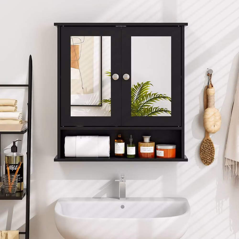 Costway Black Wooden Wall Mounted Bathroom Medicine Cabinet with Mirror and Two Hinged Doors – 5