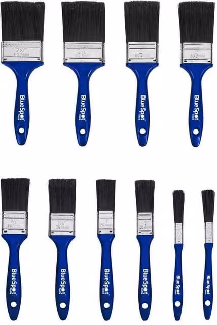 Bluespot Tools 10 Piece Synthetic Flat Workshop Paint Brush Set with Rust Protected Handles in Blue and Multicolour – 1